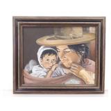 Wood Framed Oil on Canvas of an Indigenous Mother and Child by Artist J. Lee Wood Framed Oil on Canvas of an Indigenous Mother and Child by Artist J. Lee