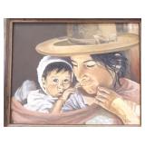 Wood Framed Oil on Canvas of an Indigenous Mother and Child by Artist J. Lee Wood Framed Oil on Canvas of an Indigenous Mother and Child by Artist J. Lee