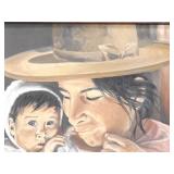 Wood Framed Oil on Canvas of an Indigenous Mother and Child by Artist J. Lee Wood Framed Oil on Canvas of an Indigenous Mother and Child by Artist J. Lee