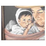 Wood Framed Oil on Canvas of an Indigenous Mother and Child by Artist J. Lee Wood Framed Oil on Canvas of an Indigenous Mother and Child by Artist J. Lee