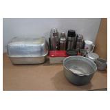 Assorted Camping Gear - Thermoses, Pans, Pots