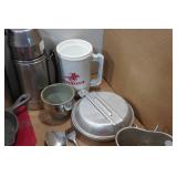 Assorted Camping Gear - Thermoses, Pans, Pots