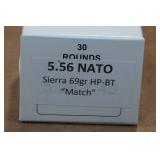 30 5.56mm 69 Gr Sierra HP BT Match Ammo