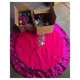 48 Inch Velvet & Sequin Tree Skirt, 2-Boxes Ornaments & Decor, Silver Tree with Pink Gems