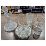 Lot Of Crystal: GODINGER Lotus Candleholders, Other Decanter, Vases, Candy Dish, More