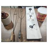 Vintage Rug Beaters, Crock Jug, Wall Hooks Made Of Old Door Knobs