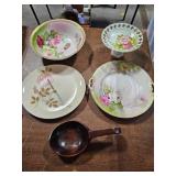 Vintage Floral Dishes & Unique Wood Bowl