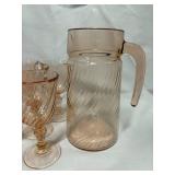 Arcoroc France Rosaline Pink Swirl Glass Pitcher and Matching Glasses Arcoroc France Rosaline Pink Swirl Glass Pitcher and Matching Glasses