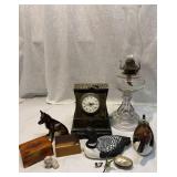 Oil Lamp, Vintage Clock, Wood Boxes, Animals Oil Lamp, Vintage Clock, Wood Boxes, Animals