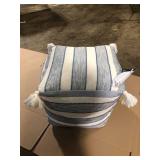 Hampton Bay 18 in. x 18 in. x 18 in. White and Blue Square Outdoor Pouf with Tassel   Customer Returns See Pictures