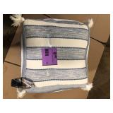 Hampton Bay 18 in. x 18 in. x 18 in. White and Blue Square Outdoor Pouf with Tassel   Customer Returns See Pictures