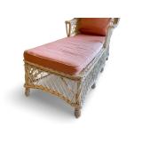 Wicker Chaise Lounge Chair with Coral Cushions