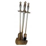 Brass Fireplace Tool Set with Ornate Handles and Stand