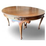 Vintage Carved Wood Oval Dining Table with Queen Anne Style Legs
