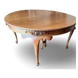 Vintage Carved Wood Oval Dining Table with Queen Anne Style Legs