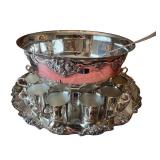 Ornate Wallace Silver-Plated Punch Bowl Set with Tray, Ladle, and 12 Cups