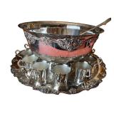 Ornate Wallace Silver-Plated Punch Bowl Set with Tray, Ladle, and 12 Cups