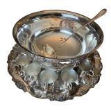 Ornate Wallace Silver-Plated Punch Bowl Set with Tray, Ladle, and 12 Cups