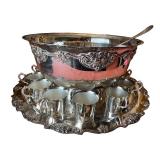 Ornate Wallace Silver-Plated Punch Bowl Set with Tray, Ladle, and 12 Cups