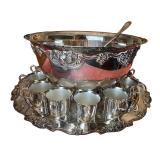 Ornate Wallace Silver-Plated Punch Bowl Set with Tray, Ladle, and 12 Cups