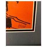 Signed Framed Cityscape Artwork with Bold Orange Background