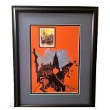 Signed Framed Cityscape Artwork with Bold Orange Background