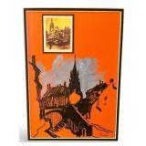 Signed Framed Cityscape Artwork with Bold Orange Background