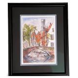 Framed Watercolor Painting of Bruges Canal Scene by Artist Signed 2009