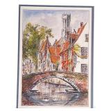 Framed Watercolor Painting of Bruges Canal Scene by Artist Signed 2009