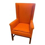 Pair of Coral Upholstered Wingback Armchairs with Wooden Legs