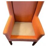 Pair of Coral Upholstered Wingback Armchairs with Wooden Legs