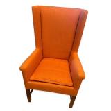 Pair of Coral Upholstered Wingback Armchairs with Wooden Legs