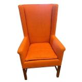 Pair of Coral Upholstered Wingback Armchairs with Wooden Legs