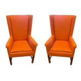 Pair of Coral Upholstered Wingback Armchairs with Wooden Legs