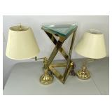 Brass End Table with Glass Top and Pair of Brass-Colored Lamps
