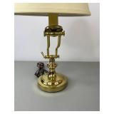 Brass End Table with Glass Top and Pair of Brass-Colored Lamps