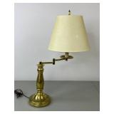 Brass End Table with Glass Top and Pair of Brass-Colored Lamps