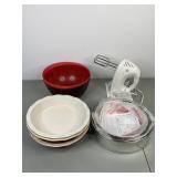 Assorted Baking Lot - GE Hand Mixer, Pie Tins, Springform Pans, Mixing Bowls