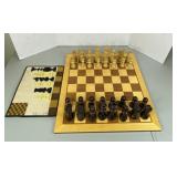 Large Wooden Chess Board with Chess Pieces and Needlepoint Art 21.5" x 21.5"