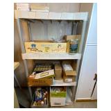 Hand tool lot - shelf with assorted nails, screws, Romex, electrical blocks, rags