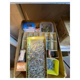 Hand tool lot - shelf with assorted nails, screws, Romex, electrical blocks, rags