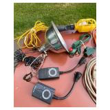 Assorted Extension Cords, Timers, Switches, and Utility Lamps