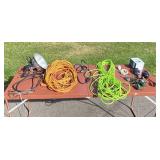 Assorted Extension Cords, Timers, Switches, and Lamp