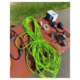 Assorted Extension Cords, Timers, Switches, and Lamp