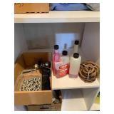 Garage Cabinet Lot: Oils, Cleaners, Funnels, Bags & Misc Tools
