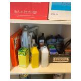 Garage Cabinet Lot: Oils, Cleaners, Funnels, Bags & Misc Tools