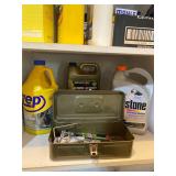 Garage Cabinet Lot: Oils, Cleaners, Funnels, Bags & Misc Tools