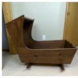 Vintage Handmade Solid Wood Baby Cradle with Mattress & Blanket
