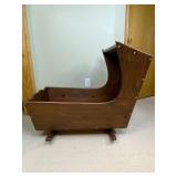 Vintage Handmade Solid Wood Baby Cradle with Mattress & Blanket