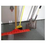 Wide snow pusher, metal shovels and...
